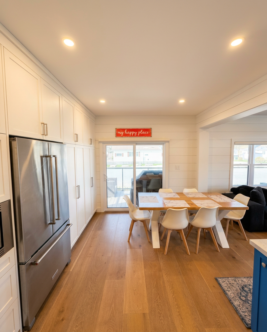 Dining area with floor-to-ceiling pantry and walkout to deck