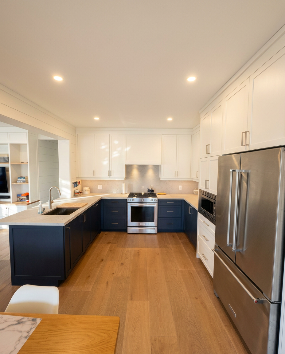 Custom chef's kitchen with navy cabinetry, quartz counters and stainless appliances