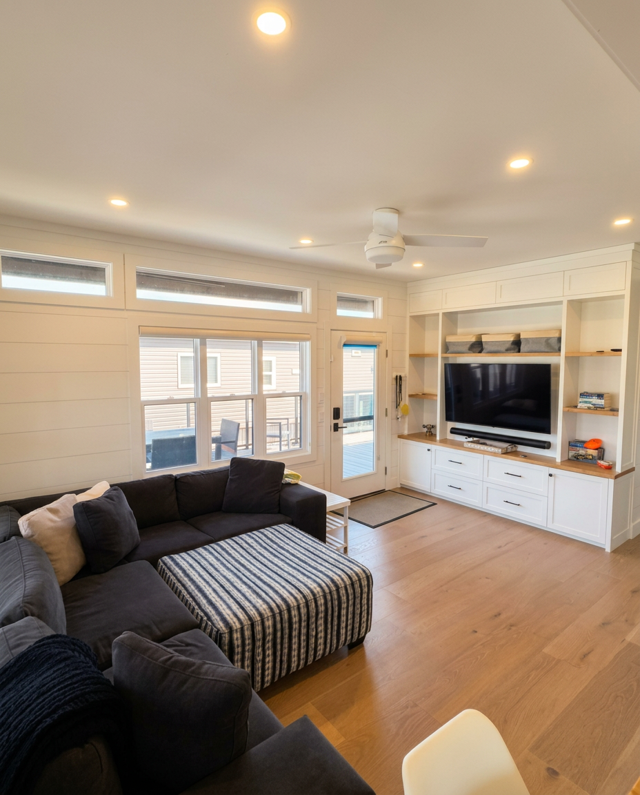 Open-concept living room with custom built-ins and shiplap walls