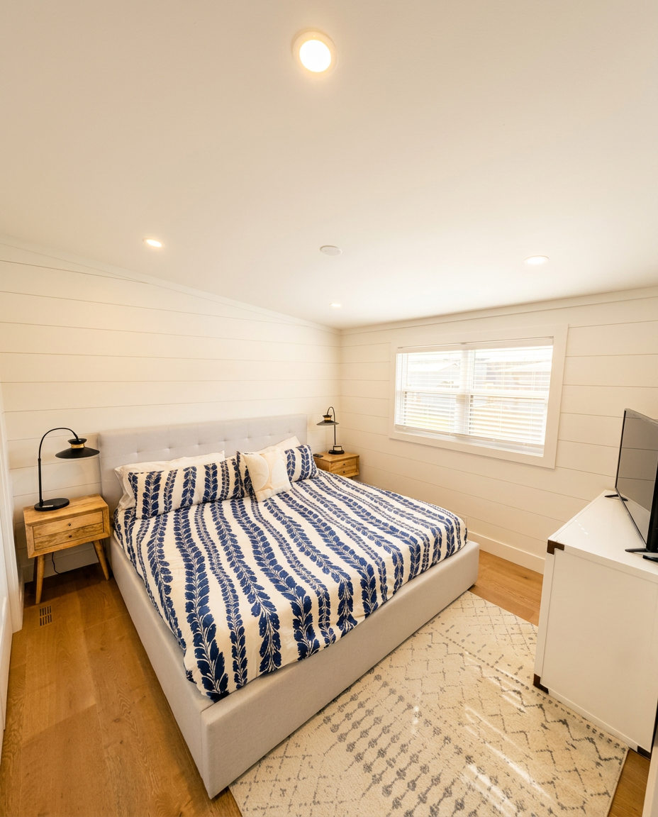 Primary bedroom with shiplap walls and wide plank hardwood floors